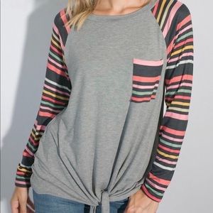 MULTI STRIPE AND SOLID MIXED FRONT TIE TOP